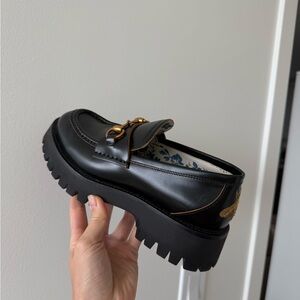 Gucci Black Leather Loafers with Gold Hardware